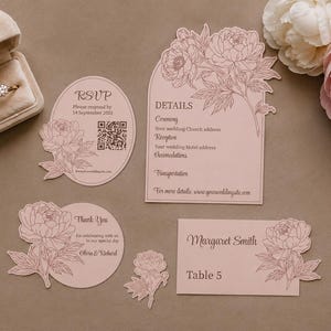 Pioninbjudningsinlägg SVG Pack, Skriv ut och Klipp ut Bröllopsbrevpapper, OSA-detaljer Tackkortsmall, Dusty Rose-mallar Cricut Cameo