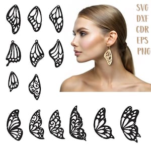 Könnte beinhalten: Ein Set mit 10 Schmetterlingsflügel-Ohrring-Designs zum Laserschneiden. Die Designs sind filigran und detailliert, mit einer Vielzahl von Formen und Mustern. Die Designs sind perfekt, um einzigartige und stilvolle Ohrringe zu kreieren.
