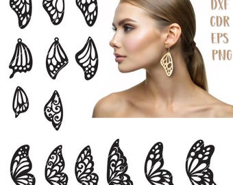 May include: A set of 10 butterfly wing earring designs for laser cutting. The designs are intricate and detailed, with a variety of shapes and patterns. The designs are perfect for creating unique and stylish earrings.