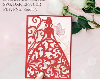 Quinceañera Fold Card SVG | Princess Sweet 16 Invitation 5x7 | Butterfly Party Template Laser cut Cameo cdr dxf pdf eps Studio3.