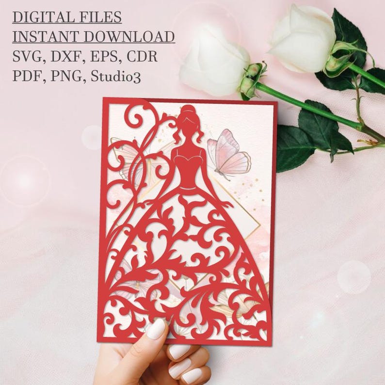 May include: Red laser cut invitation card with a silhouette of a woman in a gown with floral details. The card is folded in half and has a butterfly design on the front.