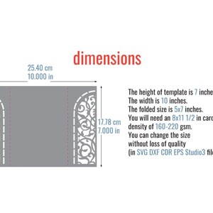 May include: Gray template with dimensions in inches and centimeters. The template is 10 inches wide and 7 inches high. The folded size is 5x7 inches. The text reads "dimensions" in red.