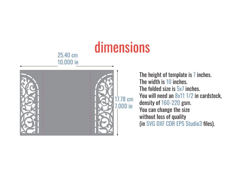 May include: Gray template with dimensions in inches and centimeters. The template is 10 inches wide and 7 inches high. The folded size is 5x7 inches. The text reads "dimensions" in red.
