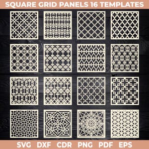 May include: Sixteen square grid panel templates in a light beige color, each featuring a unique decorative cutout design. The designs include geometric patterns, floral motifs, and symmetrical arrangements. The text "SQUARE GRID PANELS 16 TEMPLATES" is at the top, with file type options at the bottom.