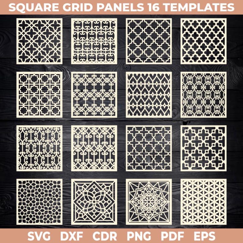 Square Grid Panel SVG Bundle, 16 Laser Cut Screen Patterns, Decorative ...