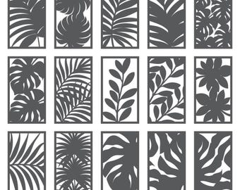 May include: Set of 12 digital cut files featuring various tropical leaf designs. The files are in SVG, DXF, EPS, CDR, PNG, PDF, Studio3, and STL formats.