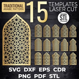 Może przedstawiać: Złote szablony do cięcia laserowego z tradycyjnymi arabskimi wzorami. Obraz zawiera 15 szablonów, liczbę 15 oraz tekst "TEMPLATES LASER CUT" i "STL for 3d printing". Obraz zawiera również tekst "SVG DXF EPS CDR PNG PDF STL".