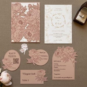 Ensemble de faire-part de mariage pivoine SVG, invitation dépliable à imprimer et découper, modèle de papeterie de mariage de luxe à faire soi-même DXF CDR PNG Studio3