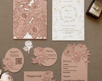 Peony Wedding Invitation Jacket Suite SVG, Gatefold Invitation Print Then Cut, Luxury DIY Wedding Stationery Template Dxf Cdr Png Studio3