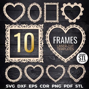May include: A set of ten laser-cut templates in shapes like hearts, ovals, and rectangles. The frames are a light beige colour with detailed, decorative edges. The word "FRAMES" is displayed in white, and the number "10" is in gold.
