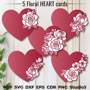 5 Floral Cricut Heart Cards SVG, set Valentine’s Day Cards, Birthday Cards PNG, Mother’s Day Cards, Wedding Cards Laser cut, cdr dxf pdf eps