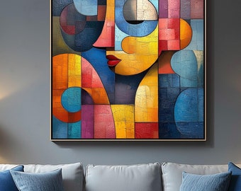 Colorful Geometric Cubist Portrait Canvas Art Print, Modern Home Decor