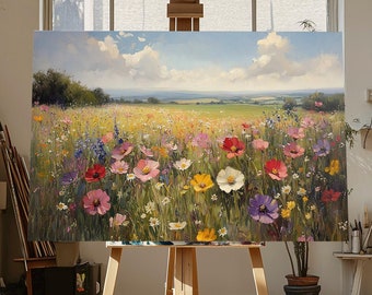 Wildflower Field Canvas Art Print - Vibrant Summer Landscape, Colorful Floral Wall Decor