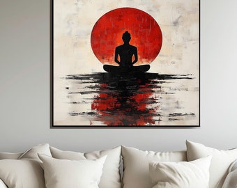 May include: A painting of a person sitting in a meditative pose in front of a large red circle, with a reflection of the person and circle in the water below.