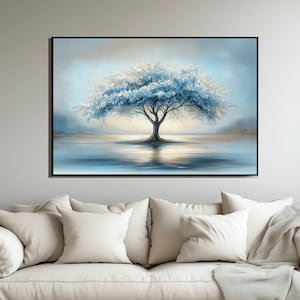 Serene Blue Tree Canvas Art Print - Tranquil Landscape with Abstract Tree, Modern Nature-Inspired Wall Decor