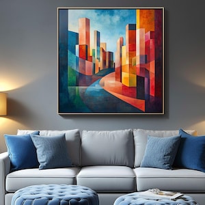 Vibrant Minimalist Cityscape Abstract Art Print - Geometric Urban Landscape