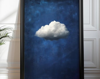Surrealistische wolkenprint op canvas – Minimalistische diepblauwe wanddecoratie