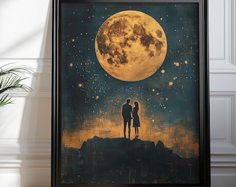 Romantic Couple Moonlight Canvas Art, Vintage Celestial Bedroom Wall Decor