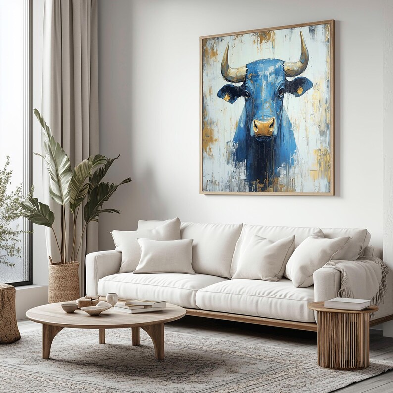 Abstract Blue Bull Oil Painting - Contemporary Minimalist Animal Art - Etsy