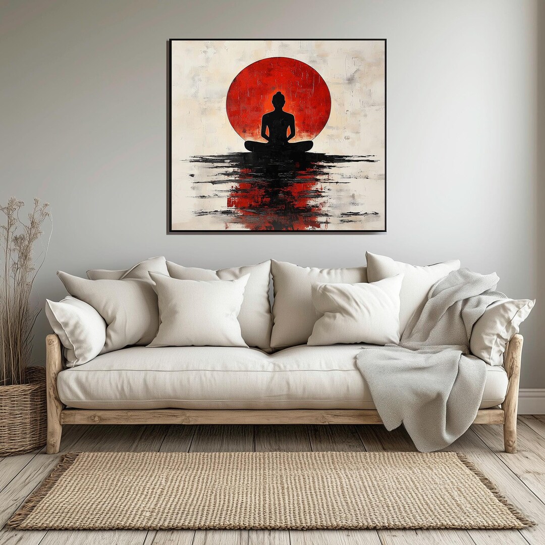 Minimalist Meditation Art Print With Buddha Silhouette & Red Sun - Zen ...