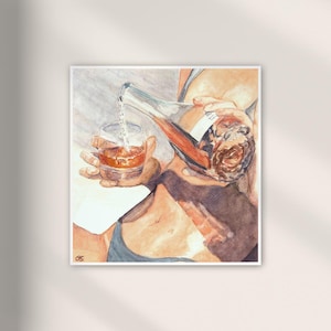 Stampa artistica Rosé – Arte murale retrò ad acquerello, estetica del vino per cucina o bar, ritratto di donna estiva italiana
