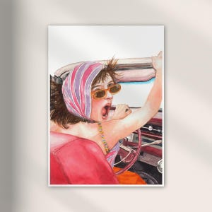 Ocean Drive: Impresión de retrato retro en acuarela, arte mural de viajes de mediados de siglo, estética de chica moderna para paredes de galería