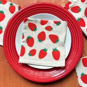 Strawberry cloth napkins, Hand printed natural cotton