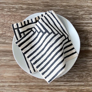 Flour sack cloth napkins, Hand printed natural cotton: Inky  Black Painterly Stripes