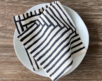 Flour Sack Cotton Napkins, Hand Printed Painterly Stripes, Singles or Sets – Inky Black