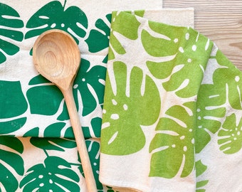 Tea Towel, Hand Printed Flour Sack Cotton, Monstera Leaves