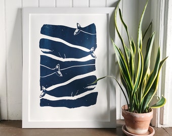 Hand printed wall art, Ready to frame whale print, 18x24 inches