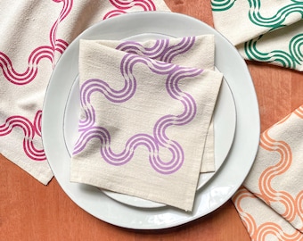 Flour Sack Cotton Napkins, Hand Printed Wavy Ribbon Pattern, Singles or Sets