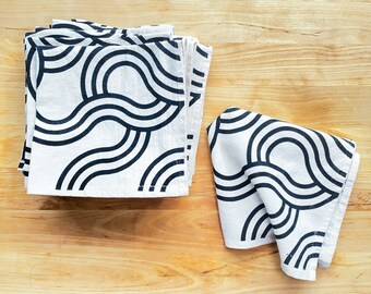 Flour sack cloth napkins, Set of 4, Hand printed natural cotton: Winding Loops, Inky Black