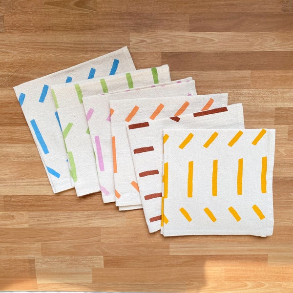 Cloth napkins, Set of 6, Hand printed flour sack cotton, Multi-color Earth tones