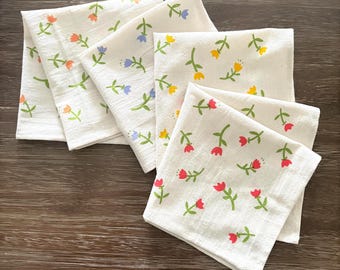 Flour Sack Cotton Napkins, Hand Printed Spring Tulip Pattern, Singles or Sets