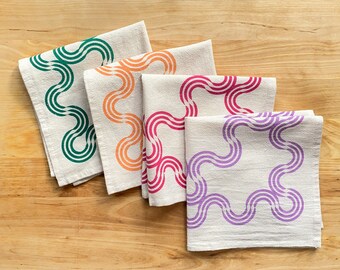 Flour sack cloth napkins, Set of 4, Hand printed natural cotton: Wavy Ribbons