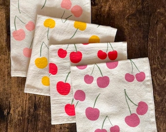 Flour Sack Cotton Napkins, Hand Printed Colorful Cherries, Singles or Sets