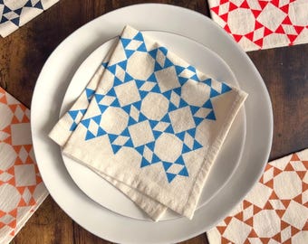Flour Sack Cotton Napkins, Hand Printed Prairie Star Quilt Pattern, Singles or Sets