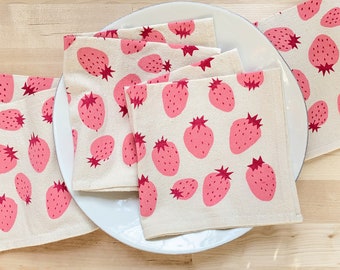 Pink and red strawberry napkins, Hand printed natural cotton
