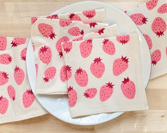 Strawberry print cloth napkins, Set of 4, Hand printed natural flour sack cotton: Pink and red