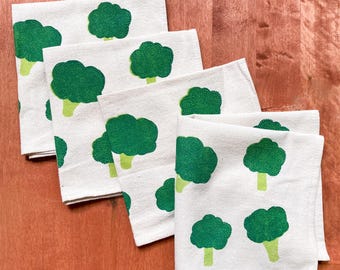 Flour Sack Cotton Napkins, Hand Printed Playful Broccoli Pattern, Singles or Sets