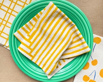 Flour sack cloth napkins, Set of 4, Hand printed natural cotton: Goldenrod Painterly Stripes