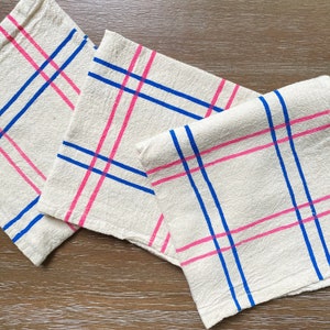 Cloth napkins, Set of 4, Hand printed natural flour sack cotton: Neon Pink and Cobalt Blue Plaid