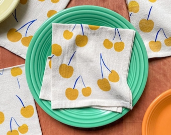 Yellow cherry cloth napkins, Hand printed natural cotton
