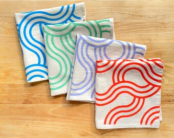 Flour sack cloth napkins, Set of 4, Hand printed natural cotton: Winding Loops, Bold Tones