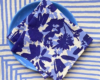 Cloth napkins, Set of 4, Hand printed natural cotton: Periwinkle Inky Wildflowers