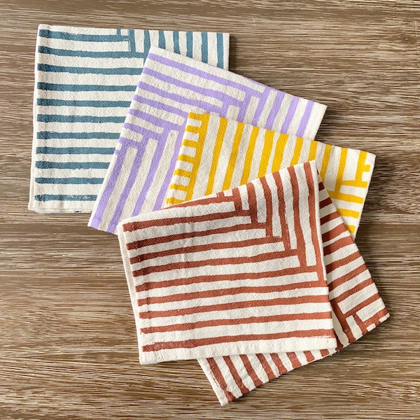 Hand Printed Flour Sack Cotton Napkins, Set of 4: Golden Hour Painterly Stripes