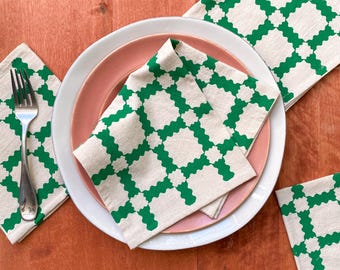 Flour Sack Cotton Napkins, Hand Printed Partytime Plaid, Set of 4 – Dark Green