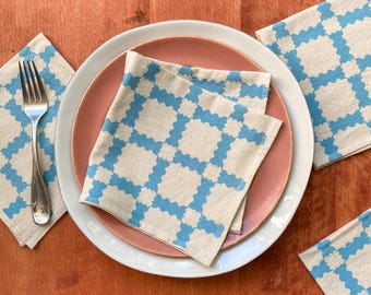 Flour Sack Cotton Napkins, Hand Printed Partytime Plaid, Set of 4 – Sky Blue