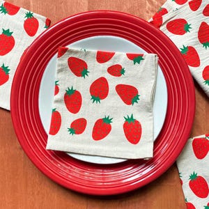 Strawberry cloth napkins, Hand printed natural cotton